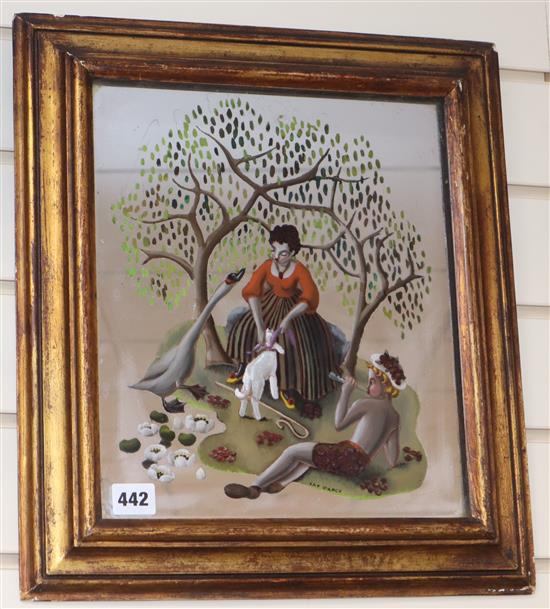 Kay DArcy, reverse painted mirror, Shepherdess, pan piper and swan, signed, 33 x 28cm, overall 44 x 39cm